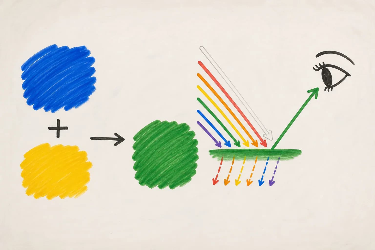 Marker-board diagram of subtractive paint mixing and reflected light