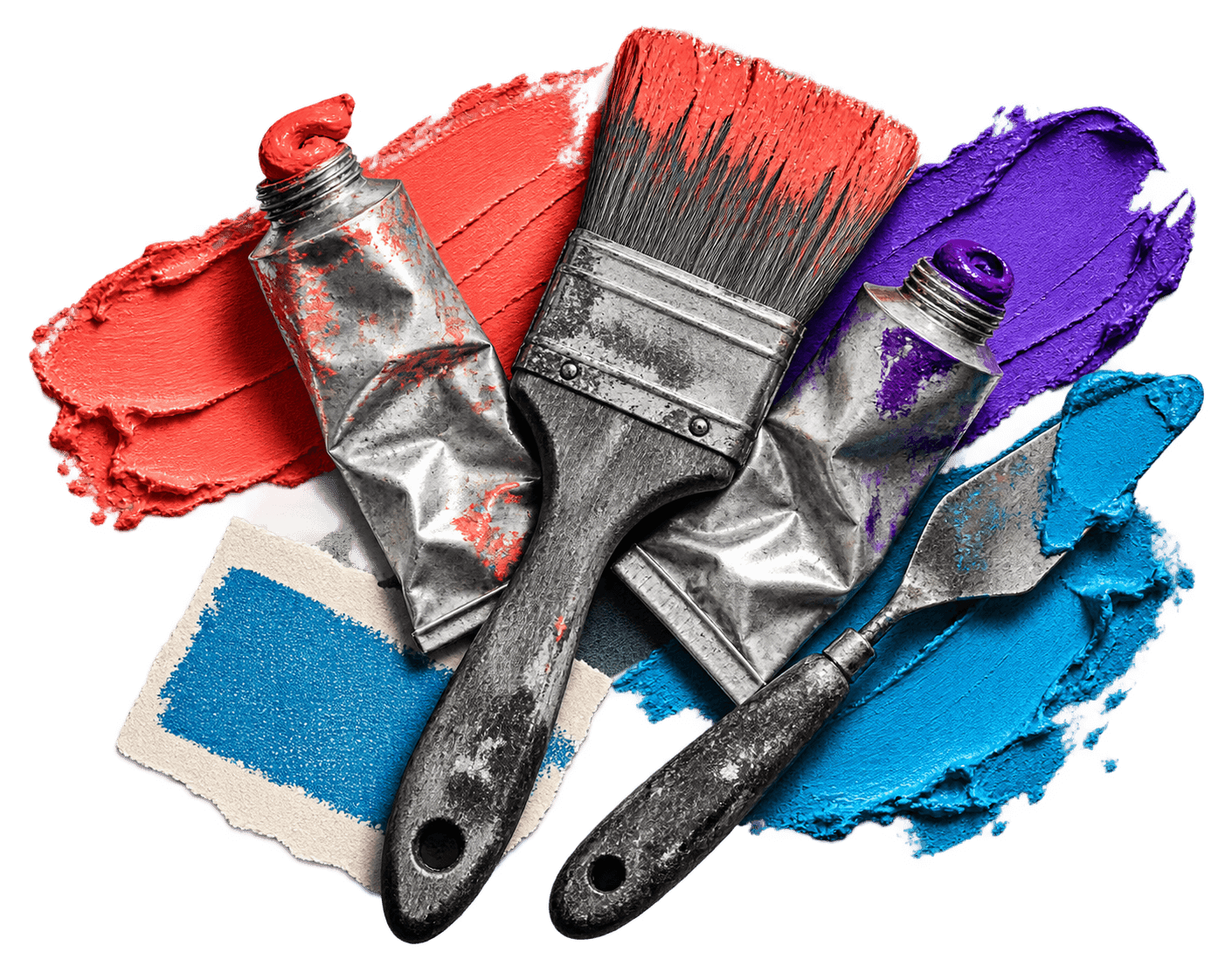 Editorial collage of paint tools and vivid pigment smears