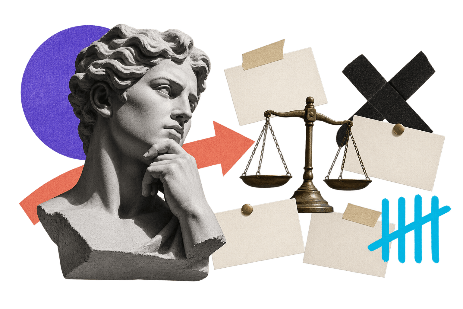 Editorial collage of a plaster bust, balance scale, and blank evidence cards